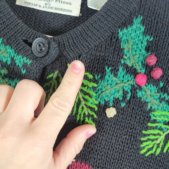 Design Options Jane Gordon VTG Christmas Cardigan Sweater XL Black Pinecones - Picture 9 of 12